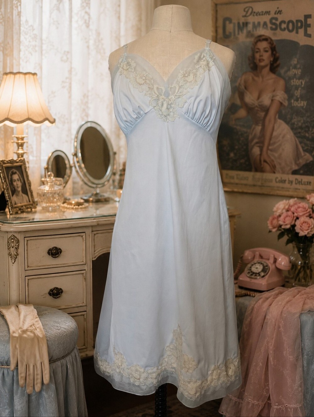 Vintage 1960s Van Raalte Slip Light Blue Nylon Lace Floral Embroidered Sz 36
